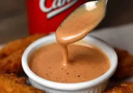 A spoon drizzling creamy Raising Cane’s Sauce into a white ramekin, surrounded by golden chicken tenders, with a red Cane’s cup in the background.