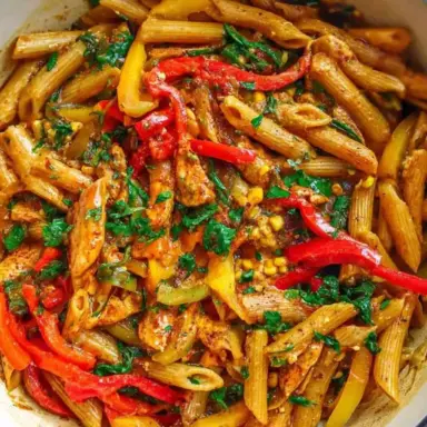A large pot filled with creamy Rasta Pasta, featuring penne pasta, sautéed red, yellow, and green bell peppers, seasoned jerk chicken pieces, and fresh herbs.