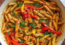 Close-up of Rasta Pasta in a white pot, featuring penne pasta mixed with sliced red, yellow, and green bell peppers, seasoned jerk chicken, and fresh herbs in a creamy sauce.