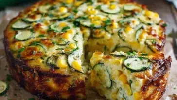 Golden-brown zucchini and corn pie with a slice pulled out, showing the moist interior filled with zucchini, sweet corn, and melted cheese, garnished with herbs.