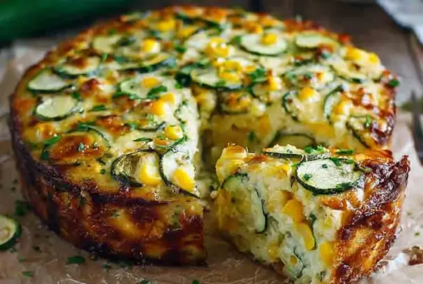 Golden-brown zucchini and corn pie with a slice pulled out, showing the moist interior filled with zucchini, sweet corn, and melted cheese, garnished with herbs.