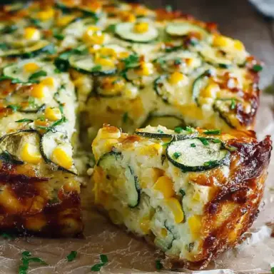 Close-up of a golden-baked sweet corn and zucchini pie slice, filled with fresh zucchini rounds, corn kernels, and cheese, on a rustic wooden board.