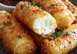 Crispy oven-fried feta rolls wrapped in golden pastry and drizzled with chili honey, served on a plate with a sweet and spicy glaze, Mediterranean-style appetizer