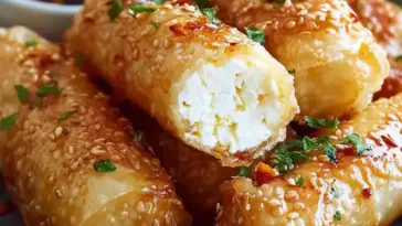 Crispy oven-fried feta rolls wrapped in golden pastry and drizzled with chili honey, served on a plate with a sweet and spicy glaze, Mediterranean-style appetizer