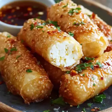 Crispy oven-fried feta rolls wrapped in golden pastry and drizzled with chili honey, served on a plate with a sweet and spicy glaze, Mediterranean-style appetizer