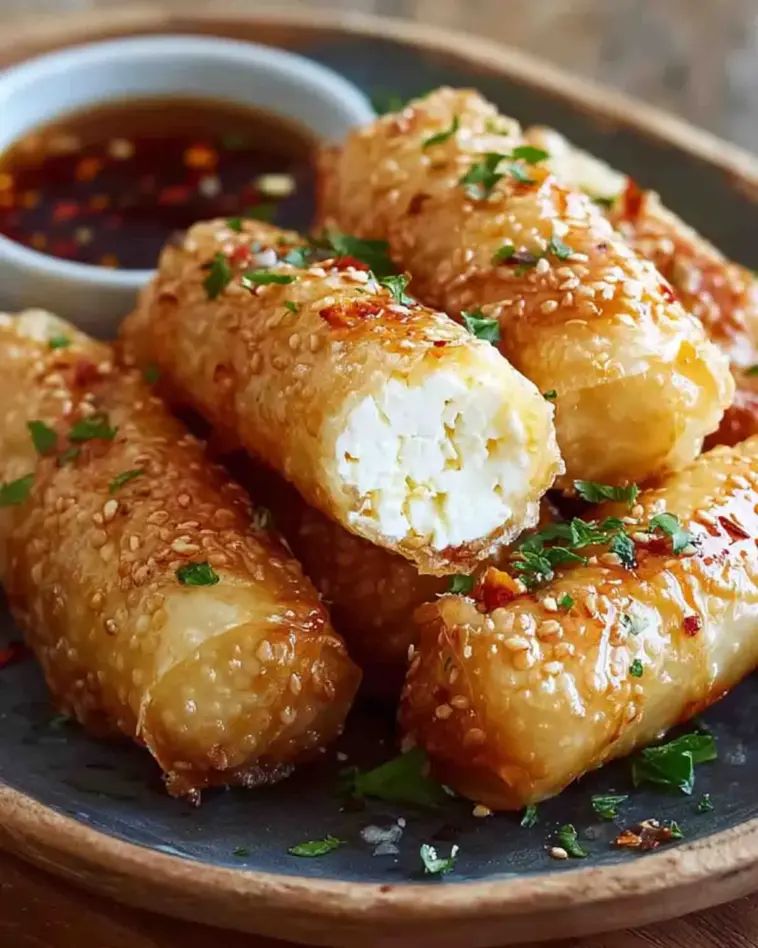 Crispy oven-fried feta rolls wrapped in golden pastry and drizzled with chili honey, served on a plate with a sweet and spicy glaze, Mediterranean-style appetizer