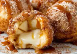 Caramel Apple Pie Bombs with gooey melted caramel center, soft apple filling, cinnamon sugar coating, and caramel drizzle on a white plate, close-up view