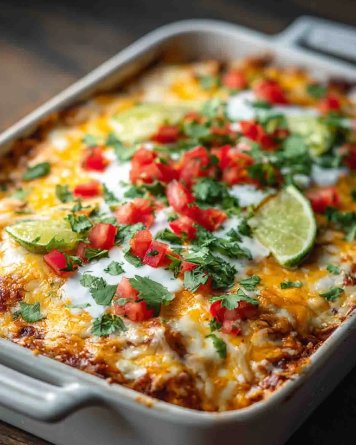 Baked chicken burrito casserole in a dish topped with melted cheese, fresh cilantro, diced tomatoes, sour cream drizzle, and lime wedges, ready to serve