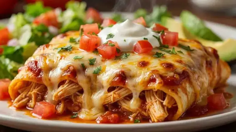Cheesy chicken burrito casserole topped with melted golden cheese, shredded chicken filling, diced tomatoes, and a dollop of sour cream on a plate with fresh salad in the background