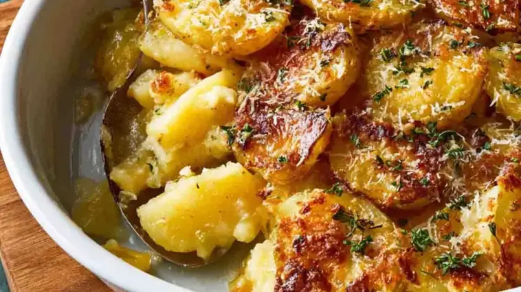 Delmonico potatoes recipe in a white baking dish with creamy sauce, golden melted cheese, crispy edges, and fresh herbs on top