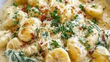 Close-up of gnocchi coated in a rich creamy sauce with melted cheese, garnished with herbs and served in a bowl with a luxurious presentation