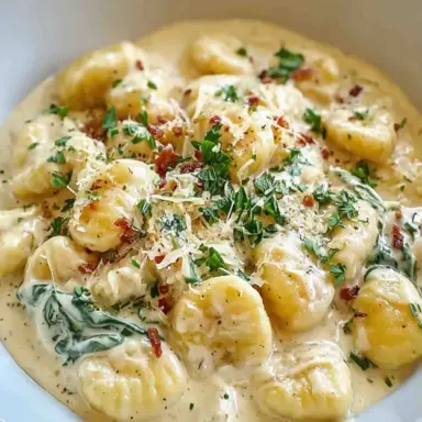Close-up of gnocchi coated in a rich creamy sauce with melted cheese, garnished with herbs and served in a bowl with a luxurious presentation