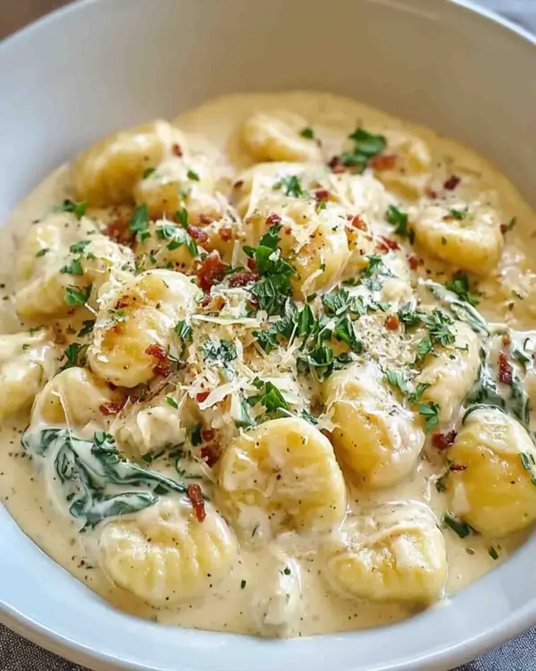 Close-up of gnocchi coated in a rich creamy sauce with melted cheese, garnished with herbs and served in a bowl with a luxurious presentation