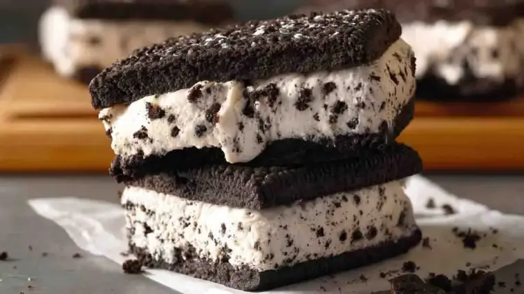 Close-up of a homemade Oreo ice cream sandwich with thick cookies and creamy cookies-and-cream ice cream filling, slightly melting and stacked on parchment paper.