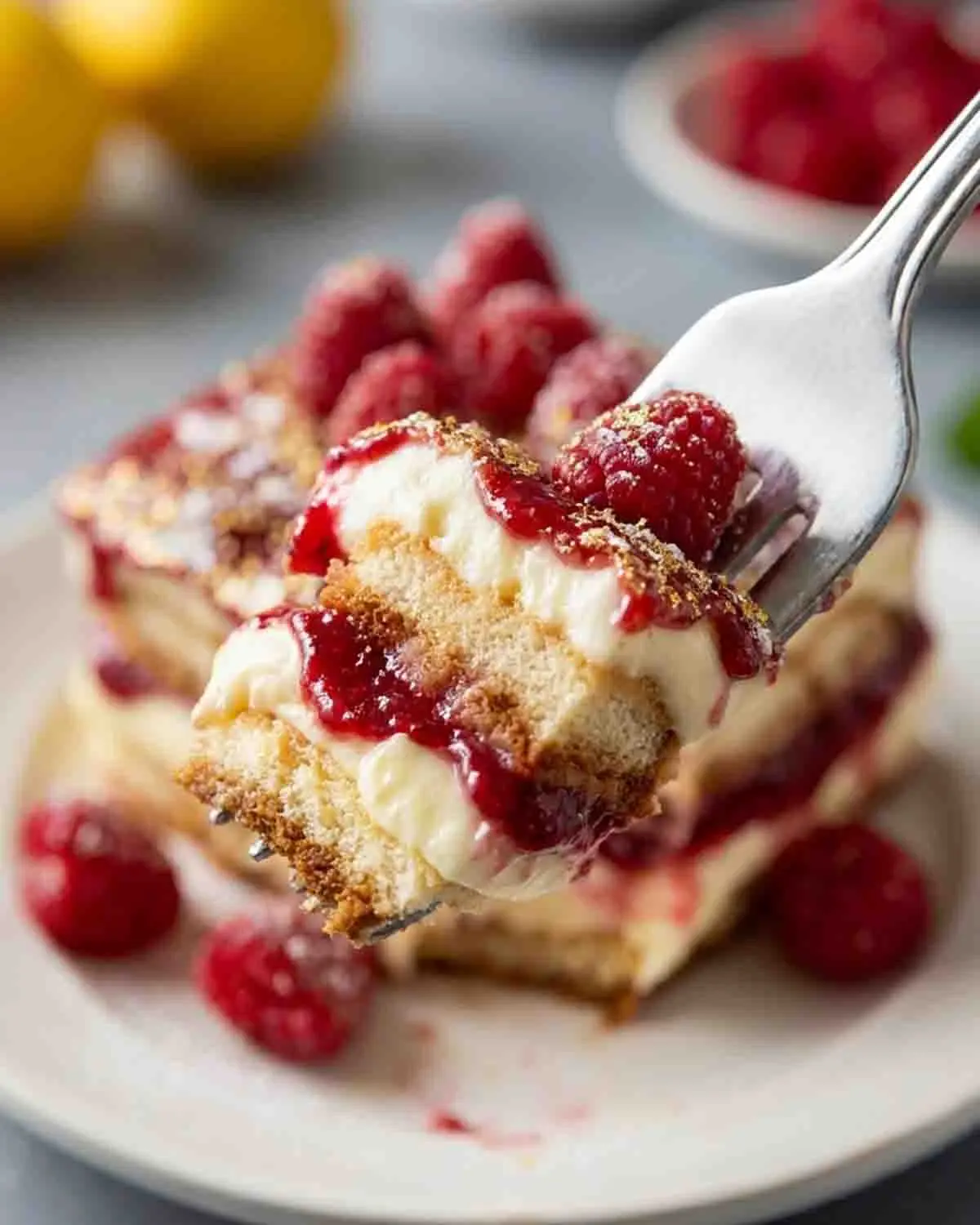 Close-up of a fork lifting a bite of raspberry tiramisu showing layers of creamy mascarpone, raspberry sauce, and soft ladyfingers, garnished with fresh raspberries