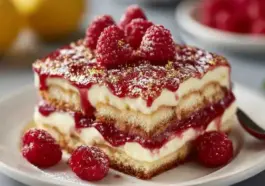 Raspberry tiramisu layered dessert with mascarpone cream, raspberry sauce, and ladyfingers, topped with fresh raspberries and powdered sugar on a white plate
