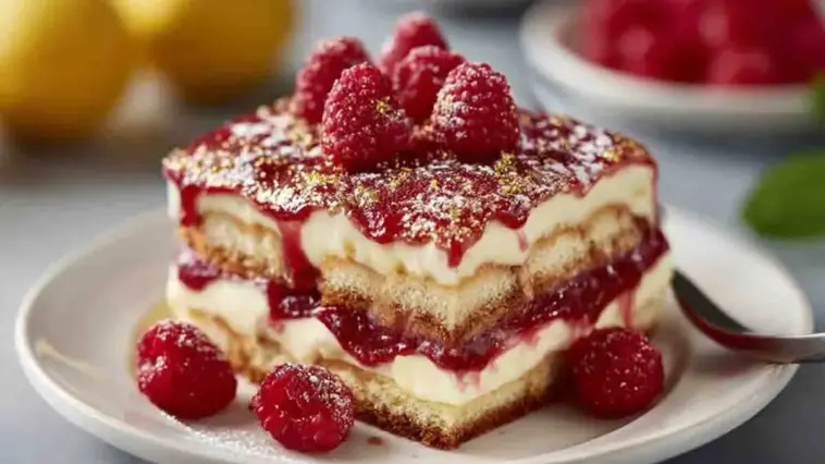 Raspberry tiramisu layered dessert with mascarpone cream, raspberry sauce, and ladyfingers, topped with fresh raspberries and powdered sugar on a white plate
