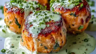 Close-up of crispy golden salmon balls drizzled with creamy avocado sauce, topped with finely chopped herbs, showing a juicy and tender interior with a rich, flavorful glaze.