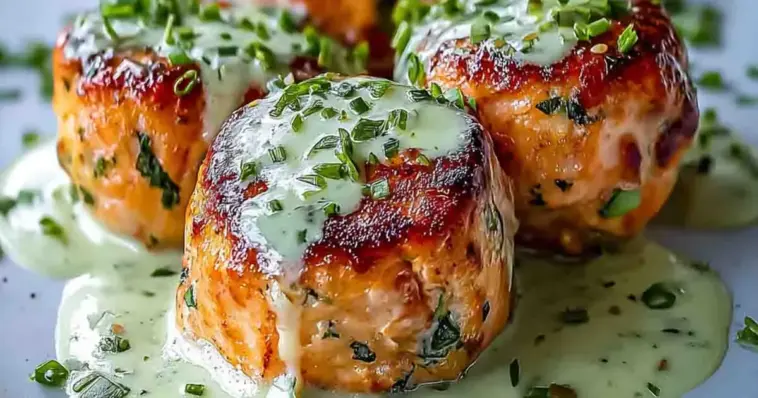 Close-up of crispy golden salmon balls drizzled with creamy avocado sauce, topped with finely chopped herbs, showing a juicy and tender interior with a rich, flavorful glaze.