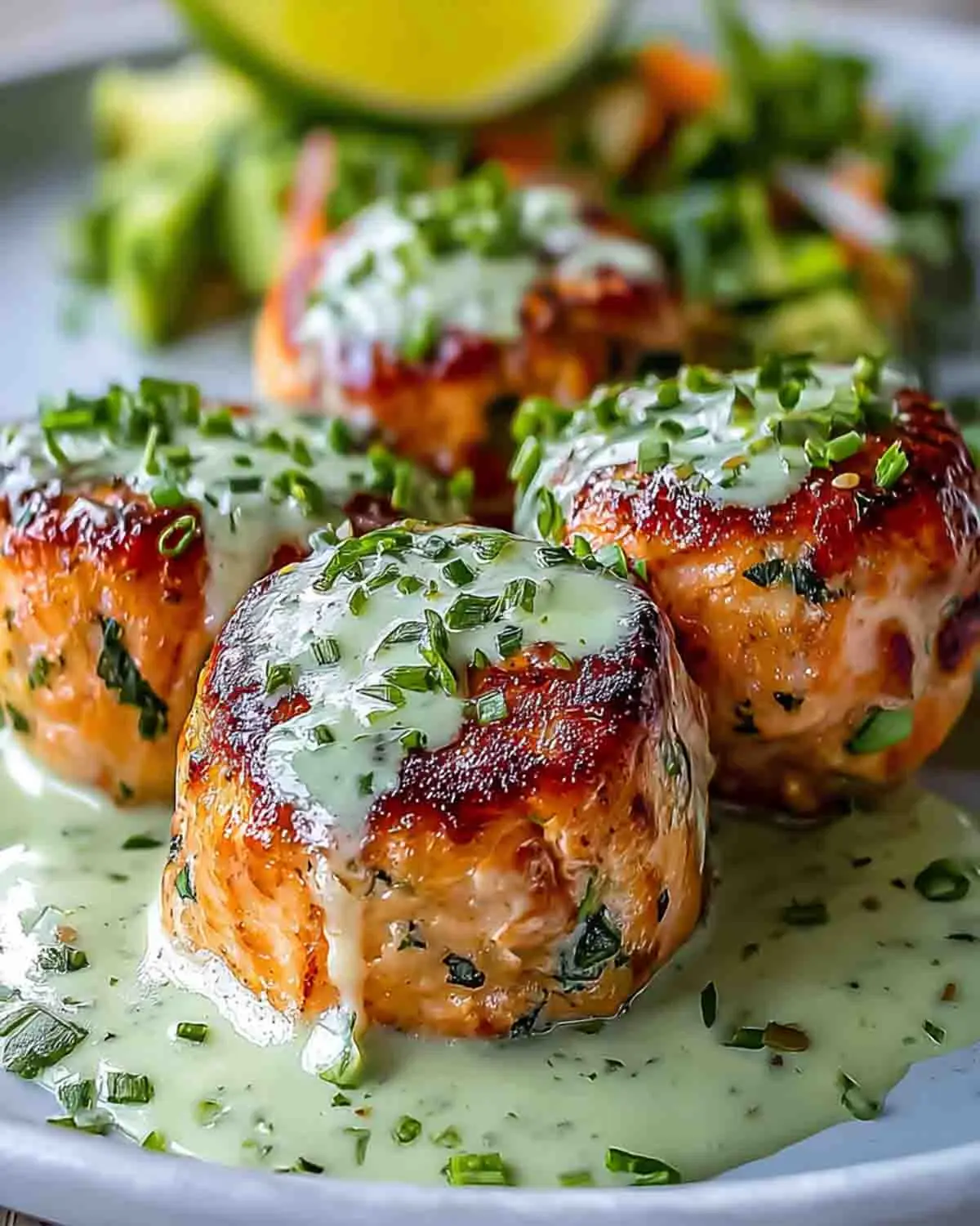 Golden, crispy salmon balls topped with creamy avocado sauce, garnished with fresh herbs, and served with avocado slices and lemon wedges in the background.